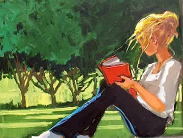 A blonde woman reading a book in the wind